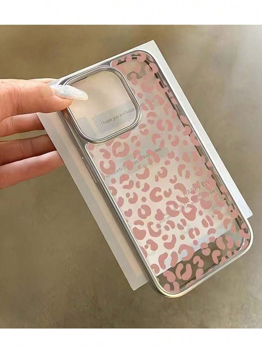 1pc Electroplated Luxury Metallic Silver High Transparency Pink Leopard Print Phone Case, Personalized For IPhone 16 Pro Max, 17/16/15/14 Plus, 13/12/11, Air - Multicolor - View 1
