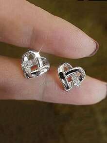 Heart Intertwined Stud Earrings For Women, Sweet Rhinestone Inlaid Love Earrings, Fashion Light Luxury Heart Design Earrings, Elegant Versatile Delicate Minimalist Ear Jewelry