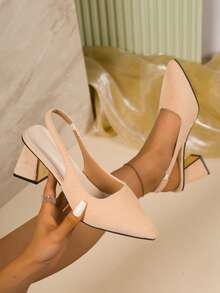 Women's Fashion Backless High Heel Pumps, Black Thick Heel Elastic Band Pointed Toe Slingback Shoes For Daily Wear & Office