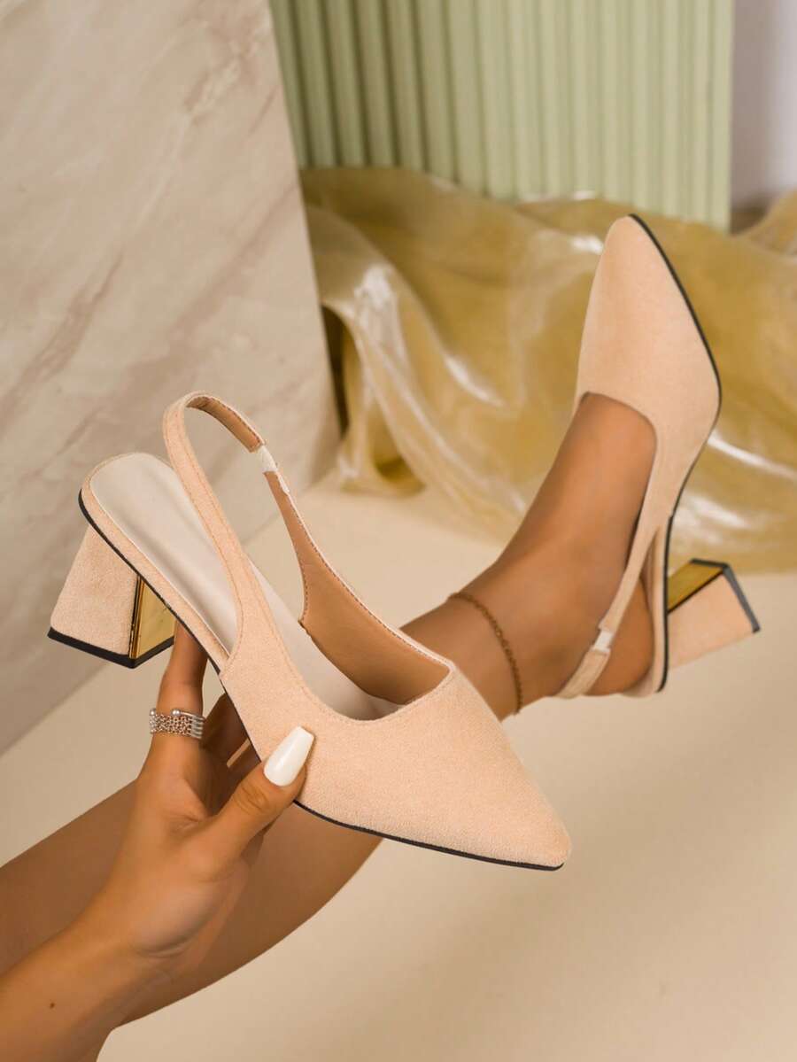 Women's Fashion Backless High Heel Pumps, Black Thick Heel Elastic Band Pointed Toe Slingback Shoes For Daily Wear & Office