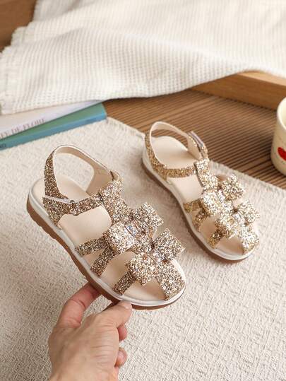 1 Pair Girls' Fashionable Versatile Glitter Thick Sole Flat Sandals