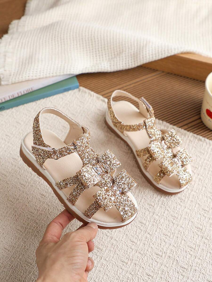 1 Pair Girls' Fashionable Versatile Glitter Thick Sole Flat Sandals - Rose Gold - View 1