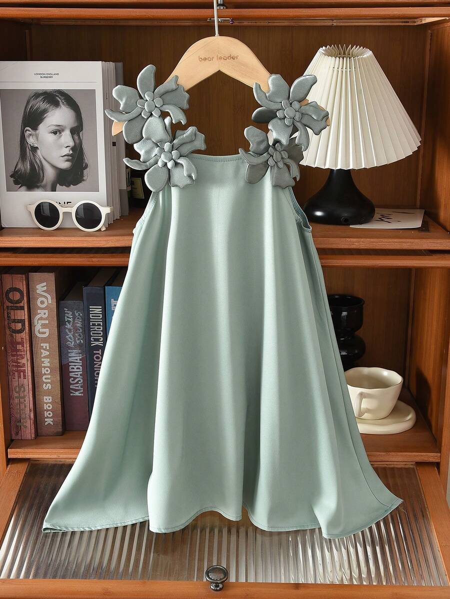 Đầm hai dây dệt màu trơn dễ thương mùa hè cho bé gái - màu xanh lá - Xem 1