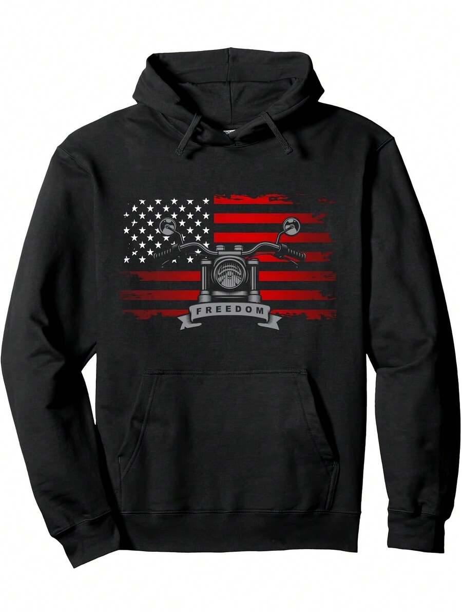 1pc Men-S American Flag Print Hooded Sweatshirt - Heavy-Duty Blend Longeeve Pullover With Front Pocket, Heat Transfer Graphic, Rider And Freedom Design, Casual SpringFall Hoodie _186 - 黑色2 - 查看 1
