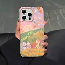 Paisaje de ensueño con sol, montañas, flores, pájaros y un toque surrealista. Esta elegante funda es compatible con los modelos  17, 16, 15, 14 Pro Max, 13, 12, 11, XR y XS Plus. Fabricada en silicona TPU, ofrece protección contra golpes y caídas, además de una sensación superior. Es un regalo ideal para familiares, amigos y seres queridos, y una opción perfecta para Año Nuevo. - Rosa - Ver 2