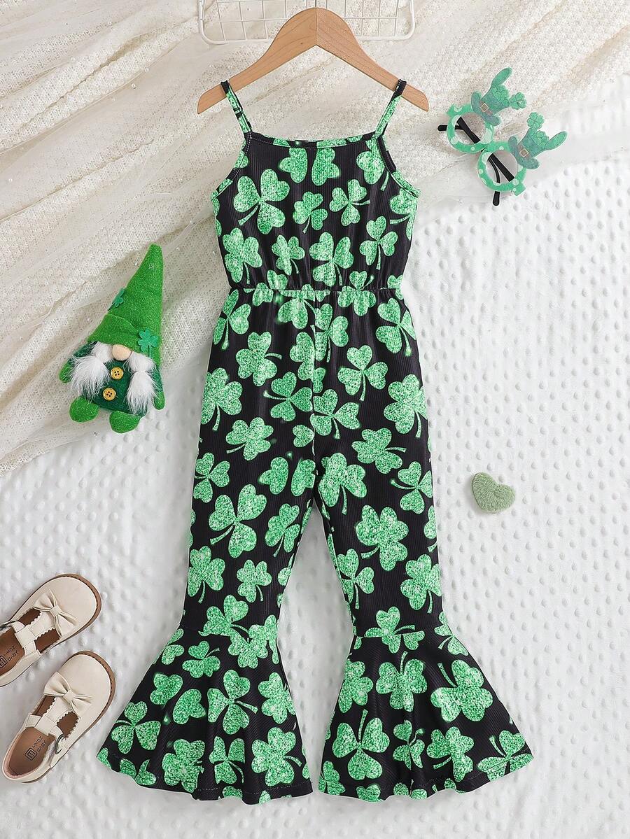 1pc Girls Sleeveless Waist Cinched Dress With Ruffle Hem And Four-Leaf Clover Pattern, Summer - Green - View 1