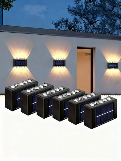 10 LED Solar-Powered Fence Lights, Courtyard Porch Lighting Wall Sconce, Dual Light Up Convex Mirror Light For Garden, Yard, Patio