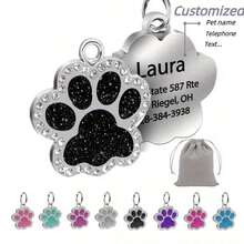 Personalized Engraved Pet Name Tag - High-Quality Glitter Paw Shape Cat Dog Collar ID Tag, Customized Pet ID Tag With Glitter Paw Design