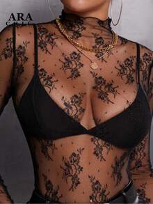 ARA CHIC Women's Black Sexy Elastic Lace Long Sleeve Top, Fashion Stand Collar Floral Sheer Pattern Elegant Layered T-Shirt, 2026 Spring Summer Resort & Date Outfit - Black - View 5