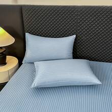 1 Set 4-Piece Satin Striped Bedding Set, Includes 1 Bed Sheet, 2 Pillowcases, 1 Fitted Sheet, Polyester Fiber, Modern Minimalist Style, Skin-Friendly Soft, Suitable For Hotel, Home, Hostel, Bedroom - Dusty Blue - View 6