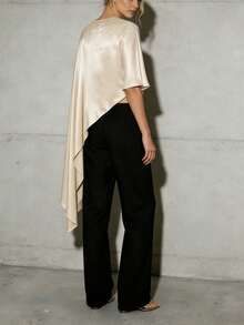 Awevudst Women's Loose Satin Poncho Tunic Tops High Low Silk Shawl Round Neck Ruffle Hem Capes See Through Shrug Bolero Top Cover Up Beachwear - Rượu sâm banh - Xem 8