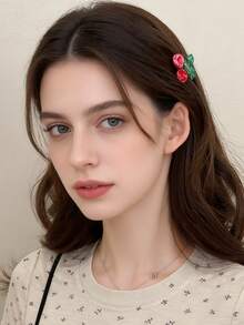 4pcs Christmas Red Berry & Green Holly Leaf Hair Clips, Unique Christmas Hair Clips, Leaf & Pom Pom Holiday Hair Accessories, Party & Festival Hair Decor - Multicolor - View 6