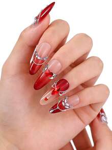 12格红白美甲水钻情人节主题美甲饰品套装，包含心形、蝴蝶、星星等款式，平底闪亮玻璃美甲贴片，配银色钢珠，DIY配件，节日美甲沙龙用品，美甲宝石 - 彩色 - 查看 4