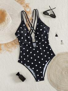优雅女士黑白波点交叉露背连体泳衣，性感甜美沙滩度假时尚夏季 - 彩色 - 查看 5