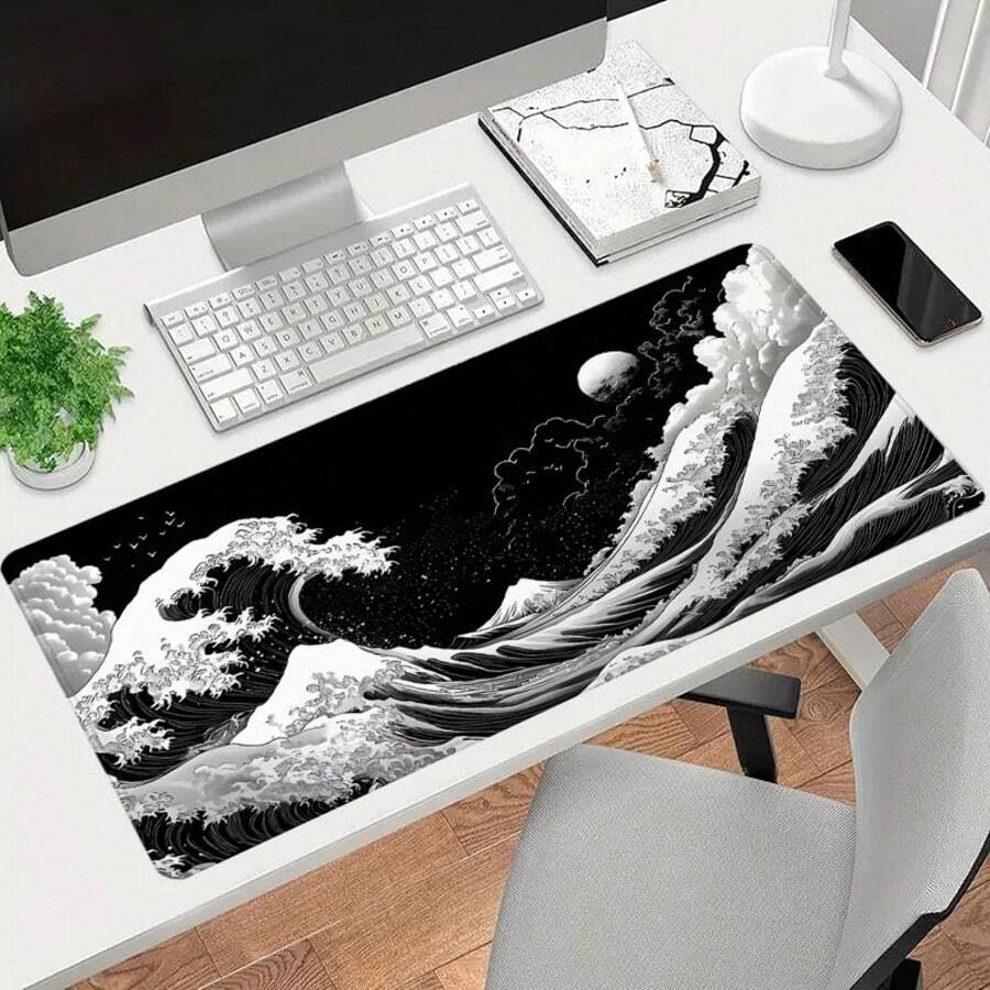 Japanischer schwarzer Wellen-Mauspad Sonnenlandschaft Schreibtischunterlage Extragroßes Mauspad 90x40 cm Büro Tastaturunterlage mit rutschfester Gummibasis und umsäumtem Rand, Büro-Zubehör für Zuhause, Weihnachtsgeschenke für Frauen, Männer