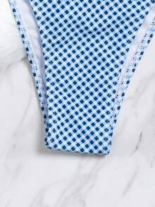 Women's Bikini Set, Cute Blue Plaid Pattern With Floral Decor, Casual Beach Swimwear For Summer Holiday Vacation - Blue - View 7