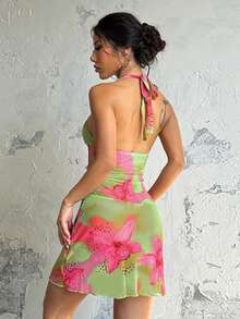 Sexy Backless Printed Vacation Dress, Mesh Sheer Deep V Spaghetti Strap Beach Mini Dress, Party Dress, Cocktail Gown Wedding - Green - View 6