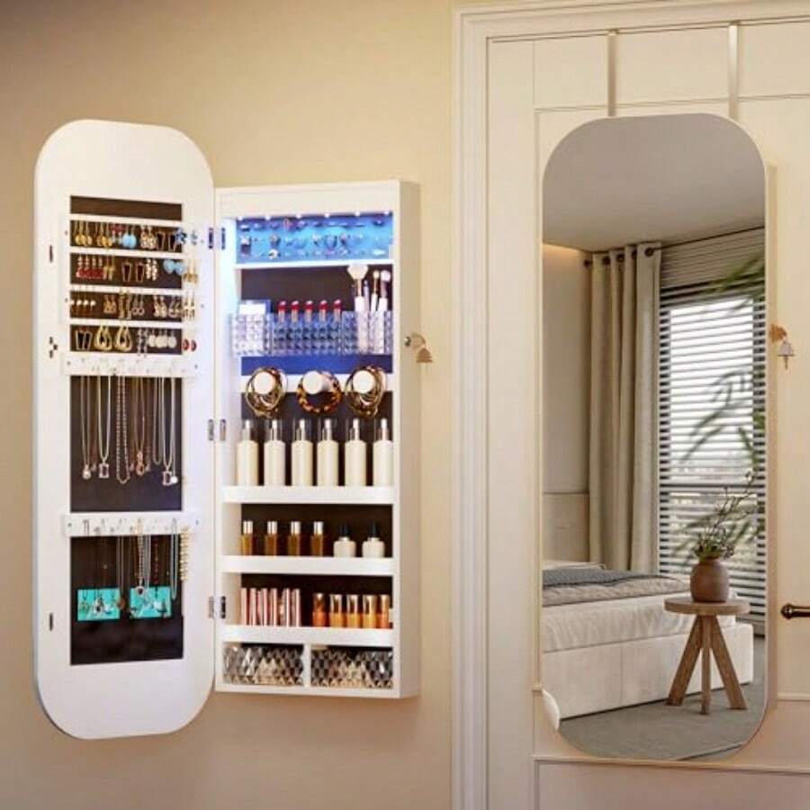 XGDVlsrka ejo Joyero LED Ovalado Arma Joyero Moderno con Cerradura Organizador Joyas de Pared o Montado en la Estante Infer blanco - Blanco - Ver 1
