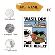 1幅无框洗衣主题墙面装饰画，猫咪洗衣机和洗衣篮设计，洗涤、烘干、折叠循环海报，无框帆布画，适用于家居、办公室、卧室、客厅、卧室墙面装饰 | 俏皮猫咪插画 | 无框艺术品 - 彩色 - 查看 11