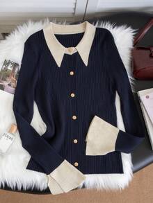 复古法式撞色 Polo 领针织开衫，女士新款秋季藏蓝色优雅翻领修身款上衣 - 藏蓝色 - 查看 5