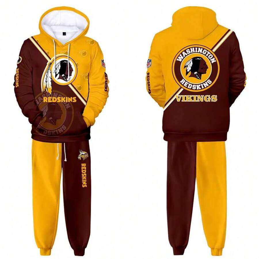 Washington Red-Skins Men'S Stylish 3D Lion Print 2pcs Athletic Wear Set - Long Sleeve Hoodie & Joggers, Casual Outdoor & Gym Wear For Spring/Fall, Football Team Pattern Design, Comfortable & Breathable Fabric, Perfect For Comfortable Fit - 彩色 - 查看 1