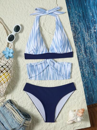 女士时尚露背吊带高弹力比基尼套装，饰有打结细节，搭配低腰泳裤，休闲可爱性感风格，夏季沙滩装