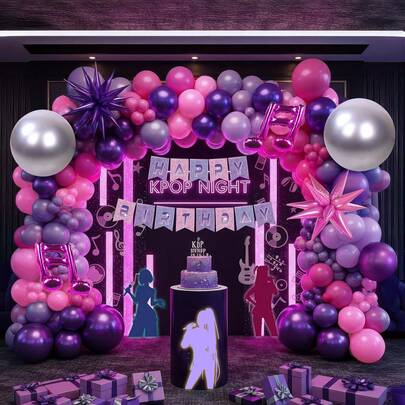 129pcs Music Hunter Kpop Theme Balloon Arch Set, Includes Exploding Star & Music Note Foil Balloons, As Well As Light Pink, Pale Pink, Deep Purple And Metallic Purple Latex Balloons. Suitable For Birthday Party, Kpop Theme Decor, Dance Party, Bachelor Party, Graduation Ceremony And Disco Theme Party.