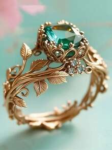 1pc Vintage Leaf Shaped Ring With Square Green Cubic Zirconia, Suitable For Women, Elegant Design For Wedding, Party, Birthday And Other Occasions - Ring - View 2