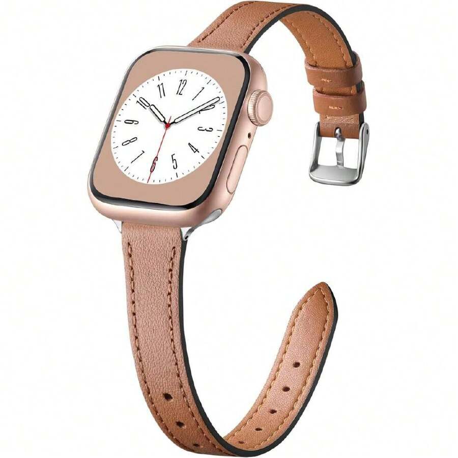 Correa Delgada Cuero Compatible con Apple Watch 38mm 40mm 41mm 42mm 44mm 45mm 46mm 49mm, Correa Delgada Cuero Genuino Primera Calidad Para Series 11 10 9 8 7 6 5 4 3 2 1 SE Ultra,37492849 - Gris nube - Ver 1