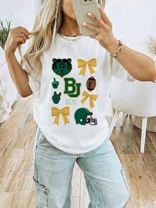 Baylor Bears T-Shirt College Football Shirt Womens Football Bow Tee Sic Em Bears 100% Cotton Crew Neck Short Sleeve Coquette Aesthetic Game Day Graphic BU Logo Ribbon Helmet Gift-3 - Trắng 2 - Xem 3