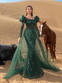 Faeriesty 女士闪亮串珠方领美人鱼长款礼服，泡泡袖，水晶刺绣紧身胸衣，薄纱拖尾，适合红毯晚宴、正式婚礼、晚宴招待会、奢华盛大活动等场合。 - 墨綠色 - 查看 5