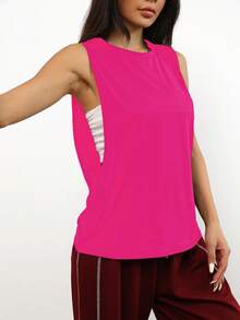 1pc Loose Fit Comfortable Solid Color Sleeveless Pullover Casual Sportswear For Daily, Running, Fitness, Spring/Summer - Hot Pink - View 2