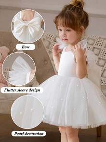 Baby Girls' White Cap Sleeve Bow Beaded Mesh Elegant Party Dress, Princess Dress Suitable For Girls, 1st Birthday, Party, Banquet, Wedding Flower Girl, Holiday Celebration - White - View 3