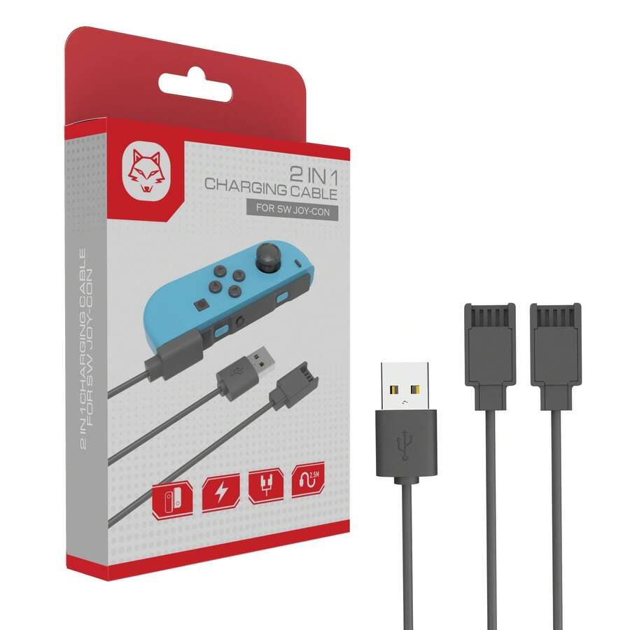 TOPWOLF 二合一 Switch Joy-Con 充电线，2.5 米长，USB 接口 5V/500mA，白色充电线 - 黑色 - 查看 1