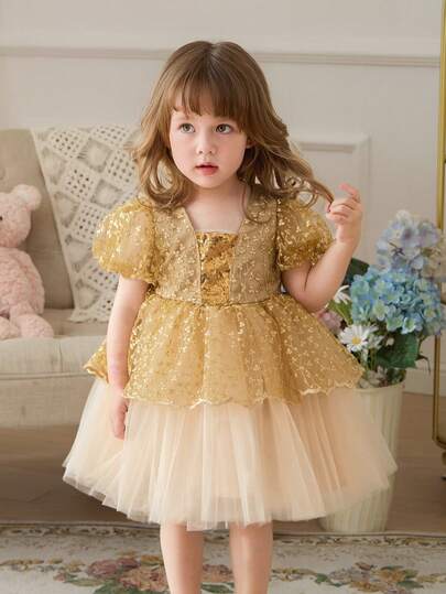 女婴金色泡泡袖亮片蕾丝薄纱优雅连衣裙，公主裙，适合宝宝一周岁生日派对、婚礼、正式场合