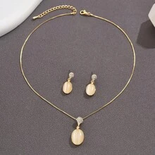 Conjunto de collar y aretes con colgante de piedra ojo de gato y cadena de caja, aretes de oro hechos a mano para mujeres bohemias, oro rosa - Oro rosa - Ver 4