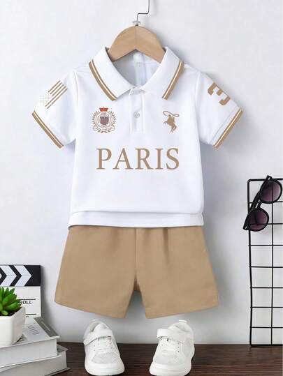男童字母印花短袖T恤和纯色短裤两件套