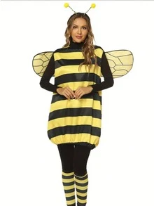 3pcs Carnival Party Costume: Bee Themed Outfit - Full Bee Costume With Striped Leggings And Back Wings - Ideal For Carnival, Halloween And Various Theme Party Cosplay - Multicolor - View 4