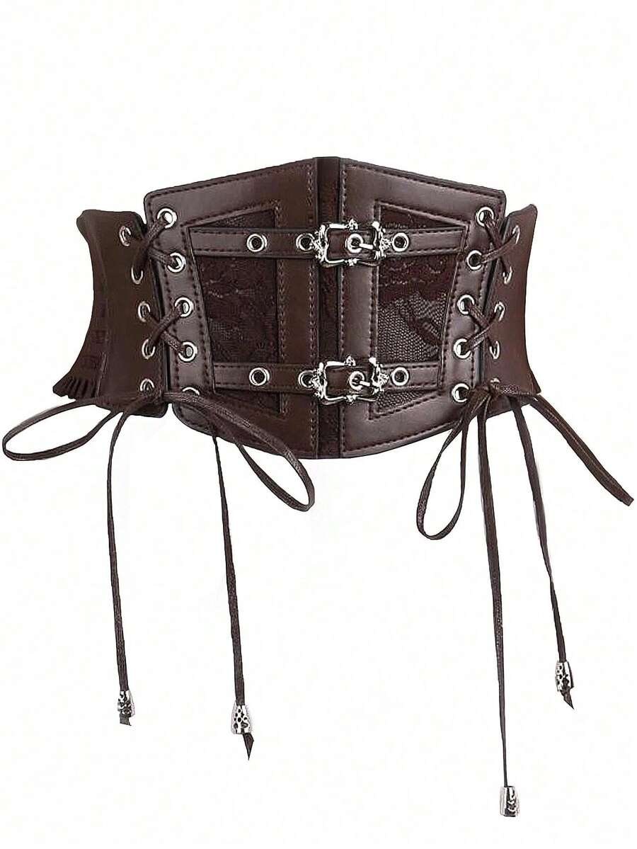 1pc Women's Dark Punk Style PU Leather Elastic Drawstring Waist Belt, Suitable For Halloween Party Or Daily Wear - Dây thắt lưng - Màu nâu - Xem 1