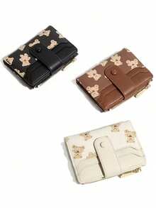 Baellerry 1pc Girl's Wallet With Bear Print Zippered Coin Snap Button Wallet Card Wallet Keychain Charms For Girl - Multicolor - View 4