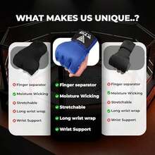 WYOX Vendas de Gel Boxeo, Guantes Interiores para Hombre y Mujer, Correa de muñeca de 80 cm, Soporte Acolchado para Nudillos, Vendas sin Dedos para Entrenamiento de MMA - L-XL-Azul - Ver 6