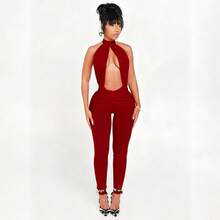 J25JP339 Women's New Sexy Button Halter Hollow Out Backless Tight High-Waisted Jumpsuit - 深紅色 - 查看 11
