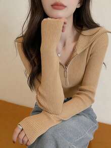 女士休闲时尚拉链半领长袖针织毛衣上衣，修身设计，春季款 - 金杏色 - 查看 9