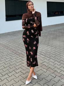 DAZY Vestido cuadrado de malla con estampado floral para damas, vestido de fiesta de graduación, Año Nuevo, vestido elegante de mujer de talla maxi para otoño - Negro - Ver 3