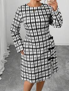 Women Plus Size Fall Dress Grid Long Sleeve Crewneck Side Split Short Dresses For Daily Office Party - màu đen - Xem 5