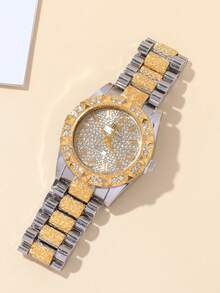 Luxury Style Dual-Tone Gold & Silver Women's Watch Set, Includes 1 Gold & Silver Tone Diamond Quartz Watch And 1 Matching Rhinestone Decorated Long Chain Pendant Bracelet, Featuring Contrasting Color Design - Multicolor - View 5