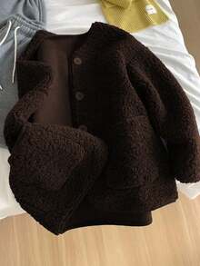 Plus Size Women Brown Teddy Faux Fur Button Front Long Sleeve Cardigan Jacket, Fashionable Outerwear With Slight Stretch - Brown - View 1