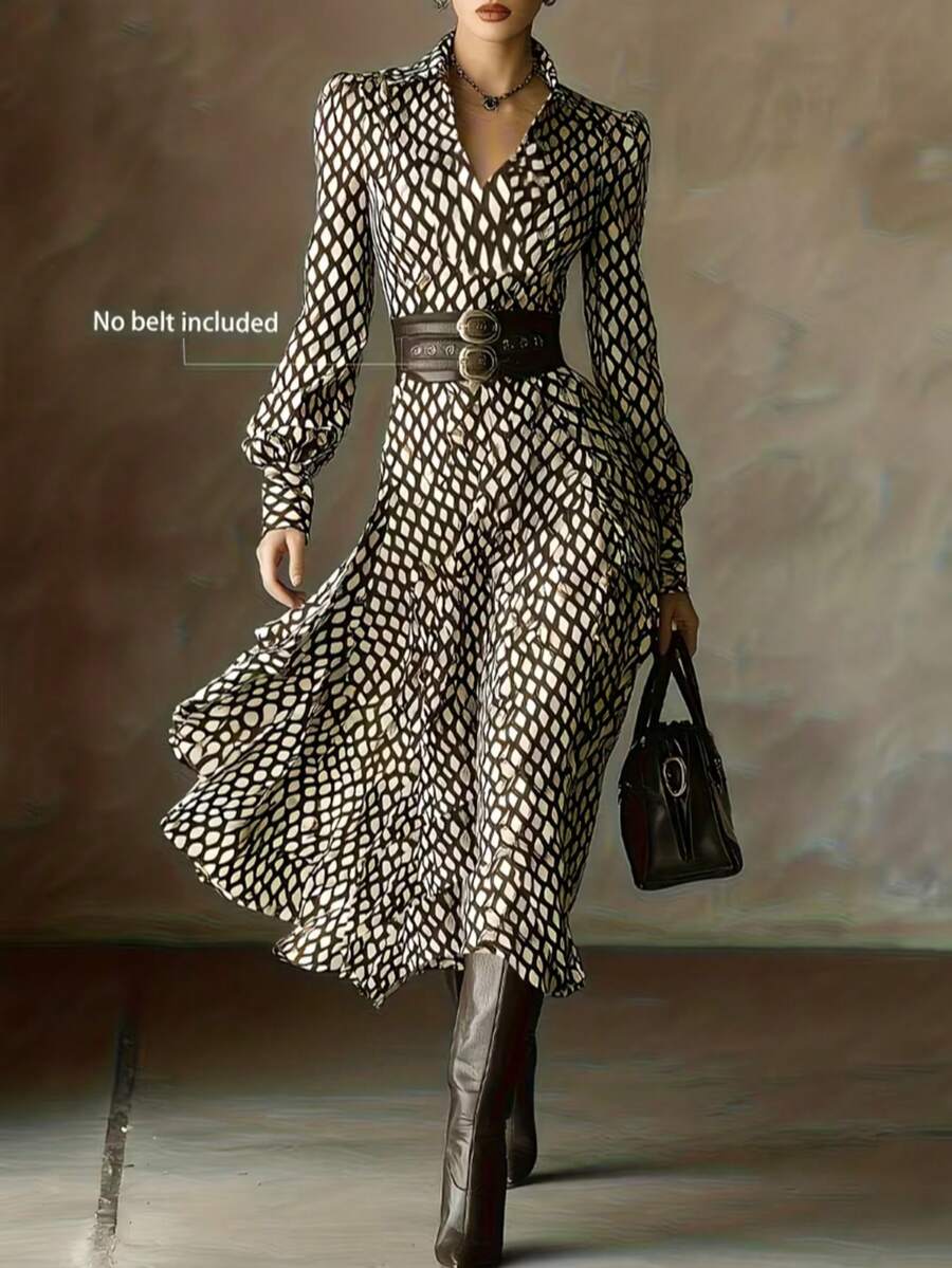 优雅女士秋冬连衣裙，深V领设计，咖啡色菱形图案，收腰廓形，喇叭长袖，休闲时尚，适合派对、办公、优雅场合及春季度假穿着。