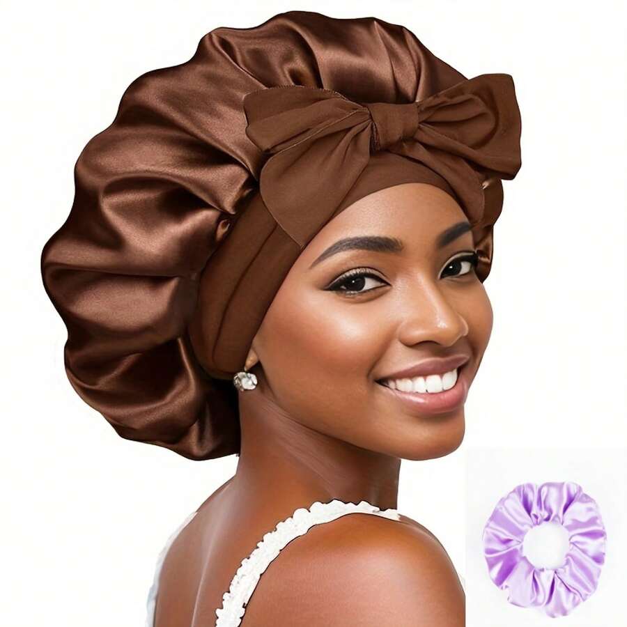 Solid Color Satin Hat With Satin Hair Tie, 2 Pieces/Set Soft Silky Sleep Hat, Night Hat, Hair Styling Hat With Tie - Brown + Lavender - View 1