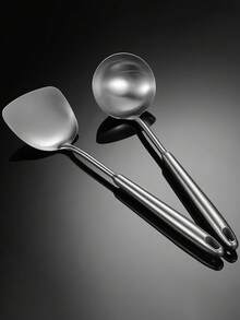 1pc Stainless Steel Cooking Spatula, Kitchen Utensil With Long Handle, Soup Ladle, Strainer, Frying Pan Scraper, Rice Paddle - Silver - View 9